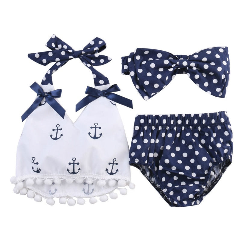 Clothes Sets Anchors Bow Top+Polka Dot Briefs+Head band 3pcs Sleeveless Outfits Set Summer Fashion Baby Girls - ebowsos