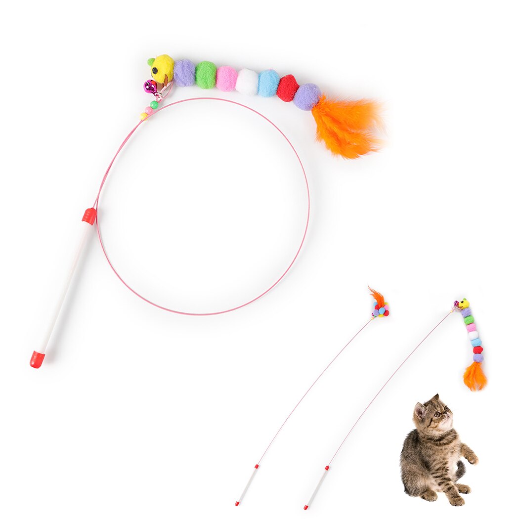 Colorful Ball Feathers Cat Teaser Lovely Bell Flexible Training Cat Teaser Wand Cat Interactive Toy Pet Supplies-ebowsos