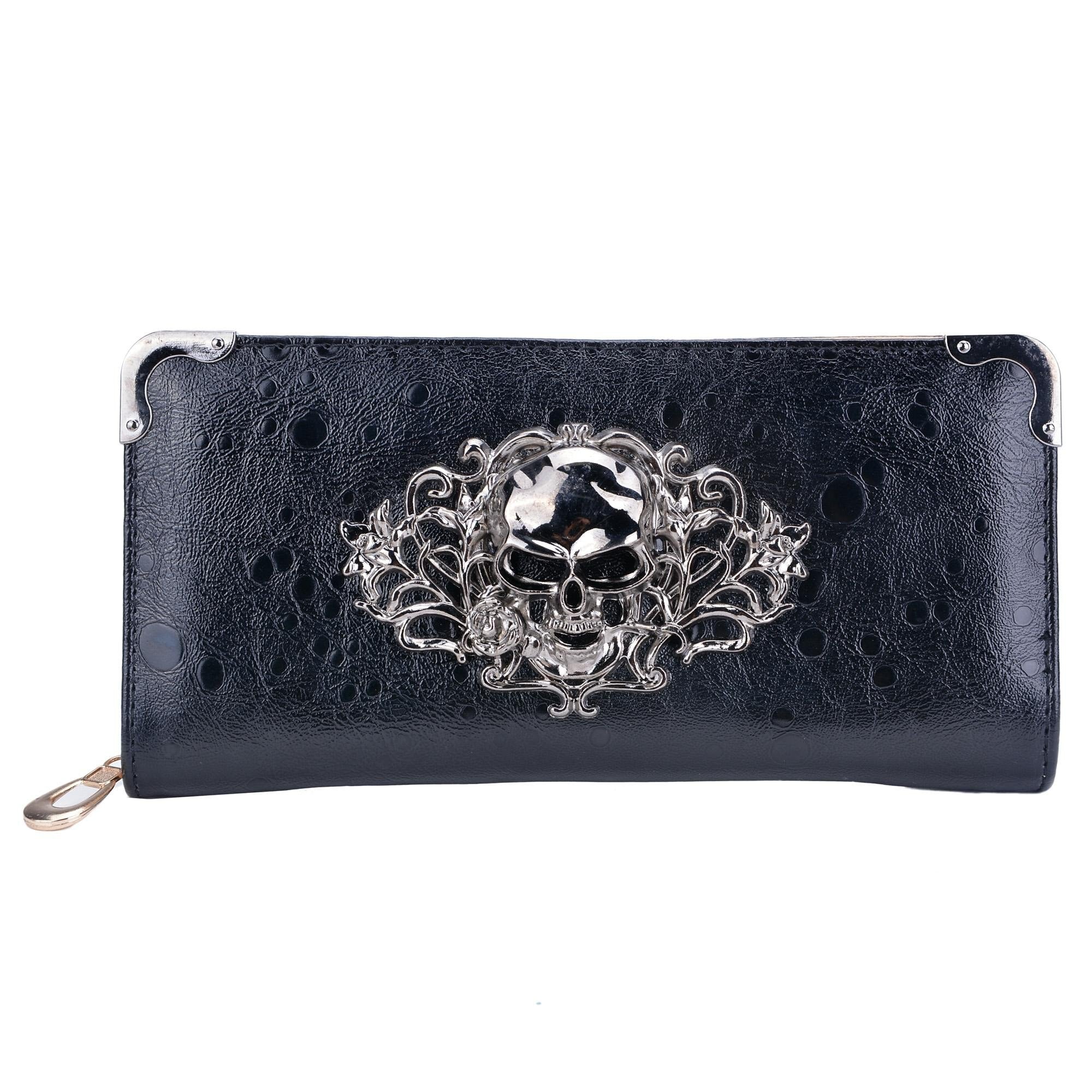Cool Retro Skull Wallet for Women Vintage Clutch Bag Black - ebowsos
