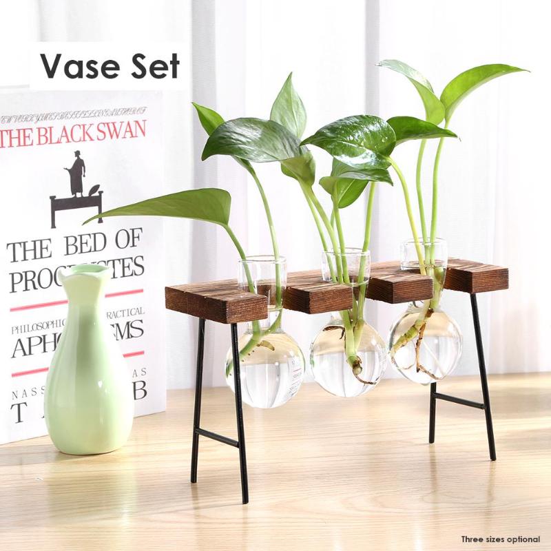 Creative Wooden Frame Vase Hydroponic Plant Transparent Glass Container Fashionable Beautiful Office Home Decoration - ebowsos