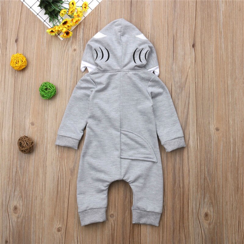 Cute Baby Boy Girl Shark Autumn Long Sleeve Romper Playsuit Winter Hooded Clothes Outfit - ebowsos