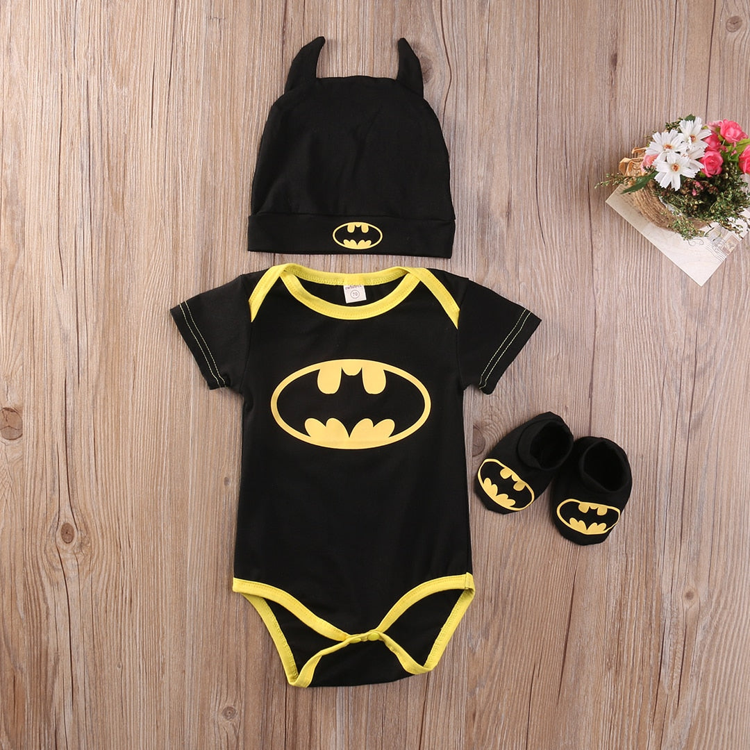 Cute Batman Newborn Baby Boys Infant Rompers+Shoes+Hat 3Pcs Outfit Clothes Set - ebowsos