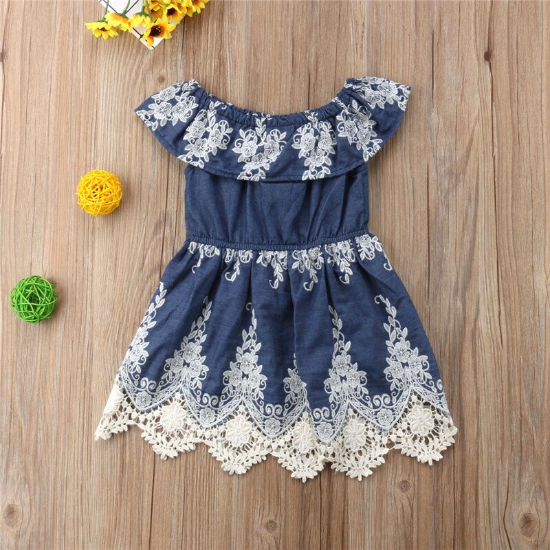 Cute Dress Jumpsuits Toddler Baby Girls Embroidery Lace Floral Blue Mini Dress Romper 2 Style 1-6Y - ebowsos