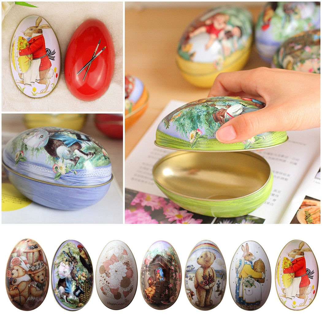 Cute Festival Supplies Easter Egg Shaped Candy Tin Packaging Box Creative Wedding Birthday Children's Day Rabbit Pattern Decor-ebowsos