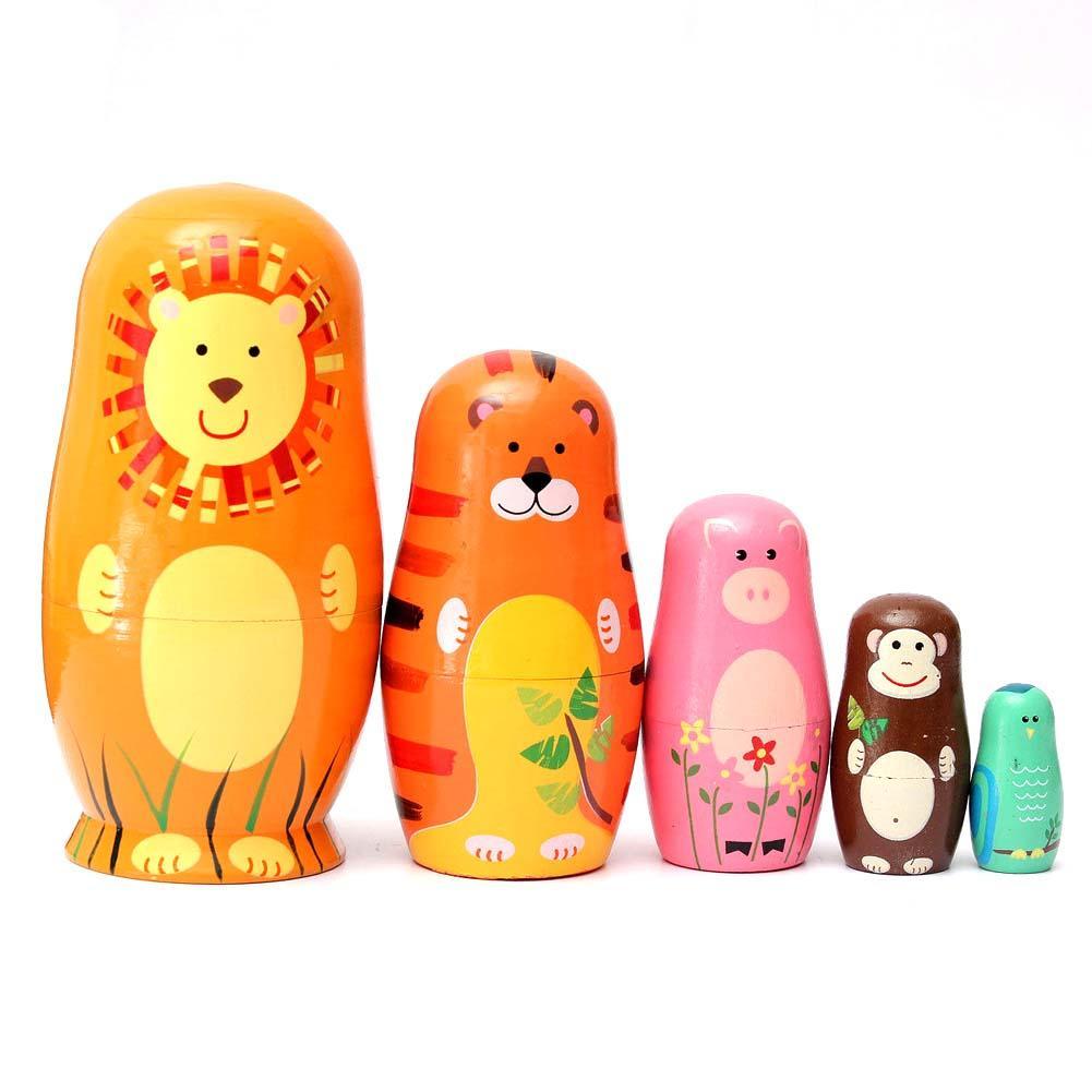 Cute Set of 5Pcs Wooden Nesting Dolls Matryoshka Animal Russian Toy Xmas Gift-ebowsos