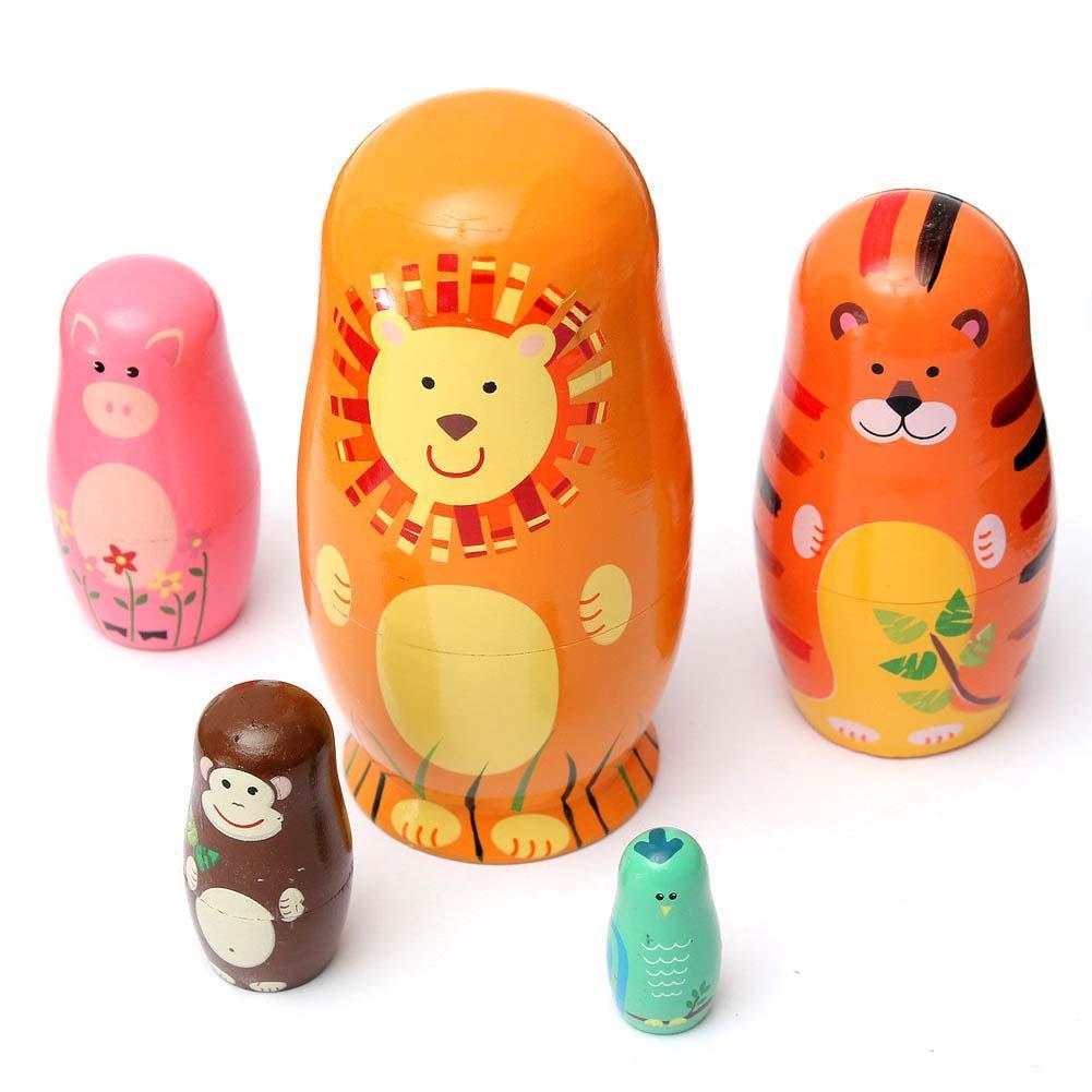 Cute Set of 5Pcs Wooden Nesting Dolls Matryoshka Animal Russian Toy Xmas Gift-ebowsos