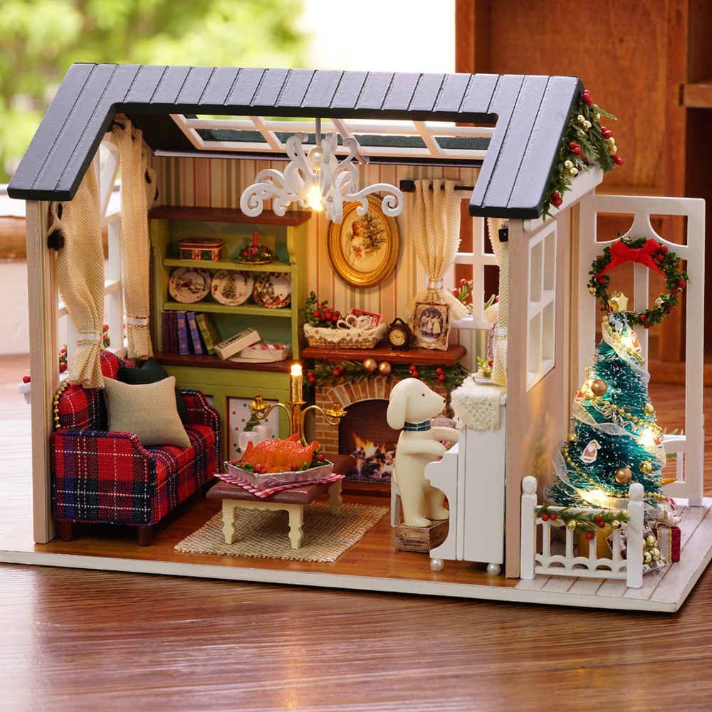 DIY Christmas Miniature Dollhouse Mini 3D Wooden House Craft LED Lights Miniature DIY Dollhouse Doll House Kit-ebowsos