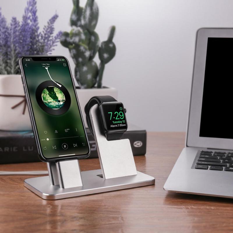 Desktop Aluminum Alloy Charging Dock for iPhone 8 X 7 6 Charging Holder For Apple Watch 2 in 1 Mobile Phone Holder Charger - ebowsos