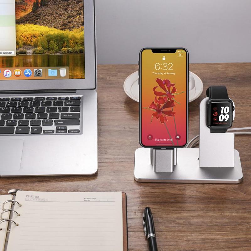 Desktop Aluminum Alloy Charging Dock for iPhone 8 X 7 6 Charging Holder For Apple Watch 2 in 1 Mobile Phone Holder Charger - ebowsos