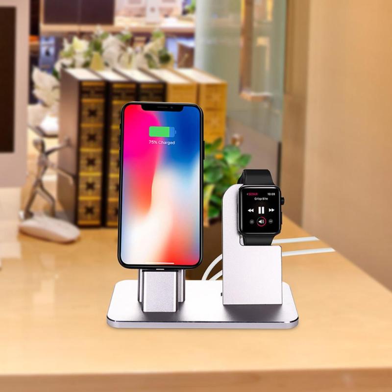 Desktop Aluminum Alloy Charging Dock for iPhone 8 X 7 6 Charging Holder For Apple Watch 2 in 1 Mobile Phone Holder Charger - ebowsos