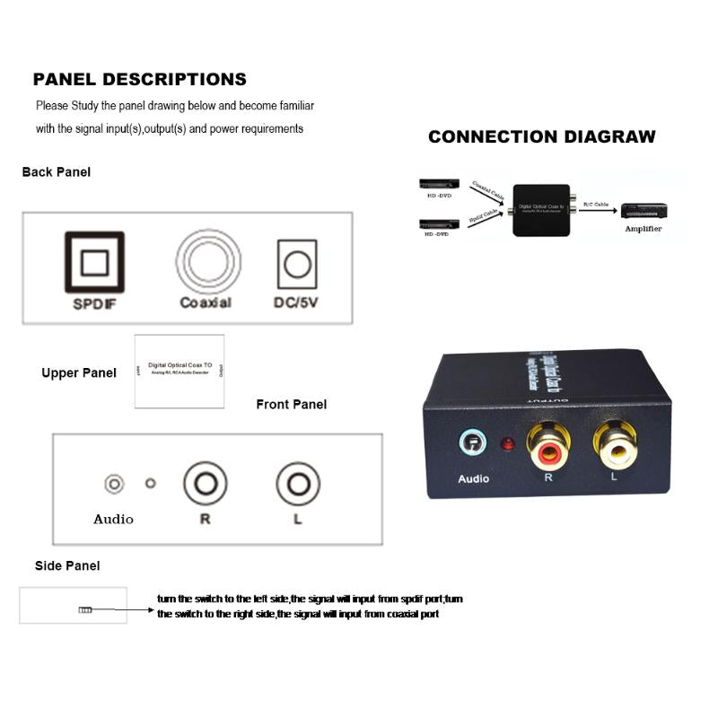 Digital Optical Coax Converter to Analog R/L RCA Audio Decoder Digital to Analog Support Dolby DTS D2A 24-Bit SPDIF - ebowsos