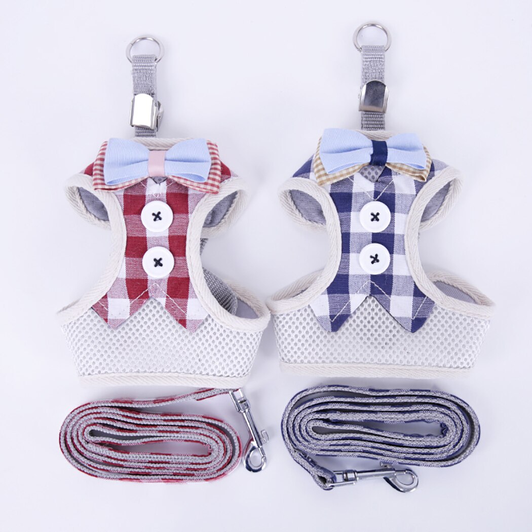 Dog Harness and Leash Set Pet Cat Vest Harness With Bowknot Mesh Padded For Puppy Adjustable Breathable Checked Pet Harness-ebowsos
