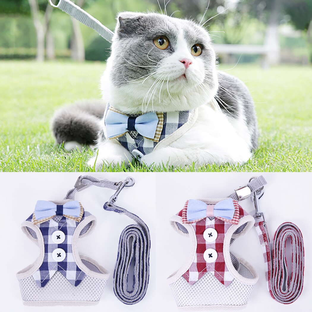 Dog Harness and Leash Set Pet Cat Vest Harness With Bowknot Mesh Padded For Puppy Adjustable Breathable Checked Pet Harness-ebowsos