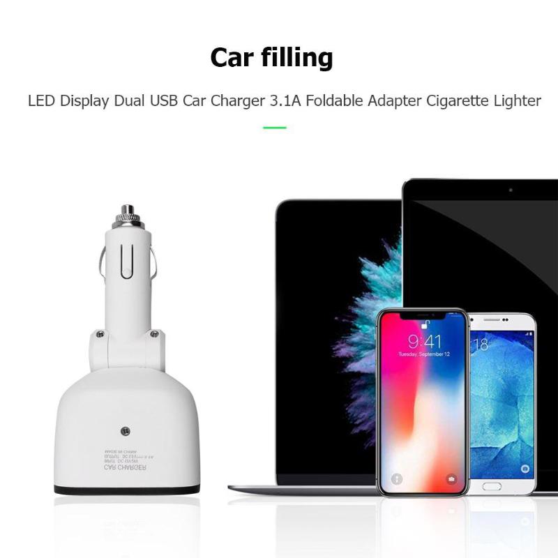Dual USB Car Charger 3.1A Foldable Rotation Charging Adapter Cigarette Lighter with Digital Voltage LED Dispaly High Quality - ebowsos