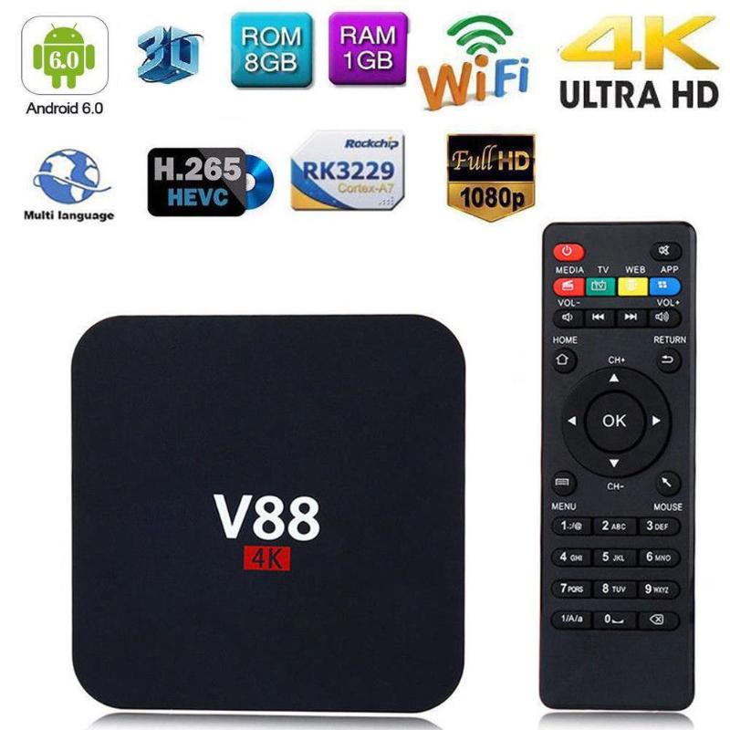 EU Plug V88 4K Android 7.1 Smart TV BOX RK3229 Quad Core 1.5GHZ 1GB+8GB 1080P WIFI Media Player Set-top Box DC 5V 2A TV Receiver - ebowsos