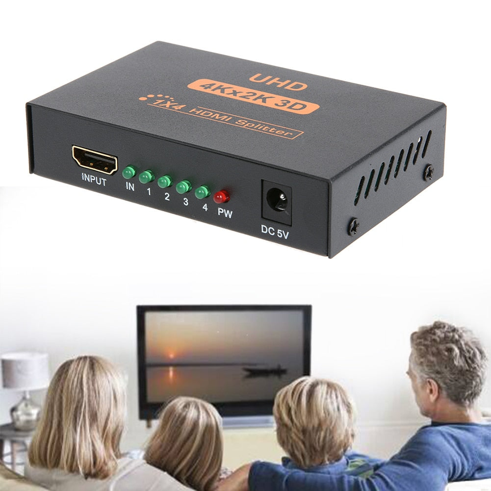 EU/UK Plug HDMI Splitter Metal Cased UHD 3D 4K 2K Full HD 1080p 4 Port Hub 4/2 Port Hub Repeater Amplifier With Power Adapter - ebowsos