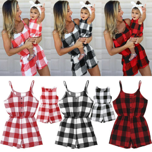 Mother&Daughter Clothes Parent-child Plaid Romper Family Matching Women Kids Baby Girls Strappy Playsuits - ebowsos