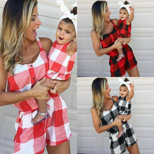 Mother&Daughter Clothes Parent-child Plaid Romper Family Matching Women Kids Baby Girls Strappy Playsuits - ebowsos