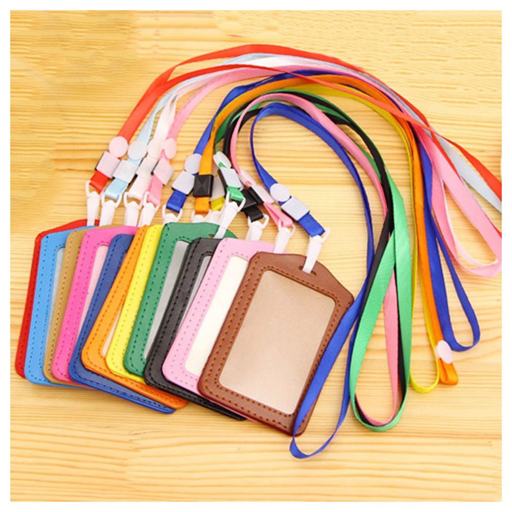 10Pcs PU Leather Pocket ID Card Pass Badge Holders Case With Neck Strap Lanyard, Vertical - ebowsos