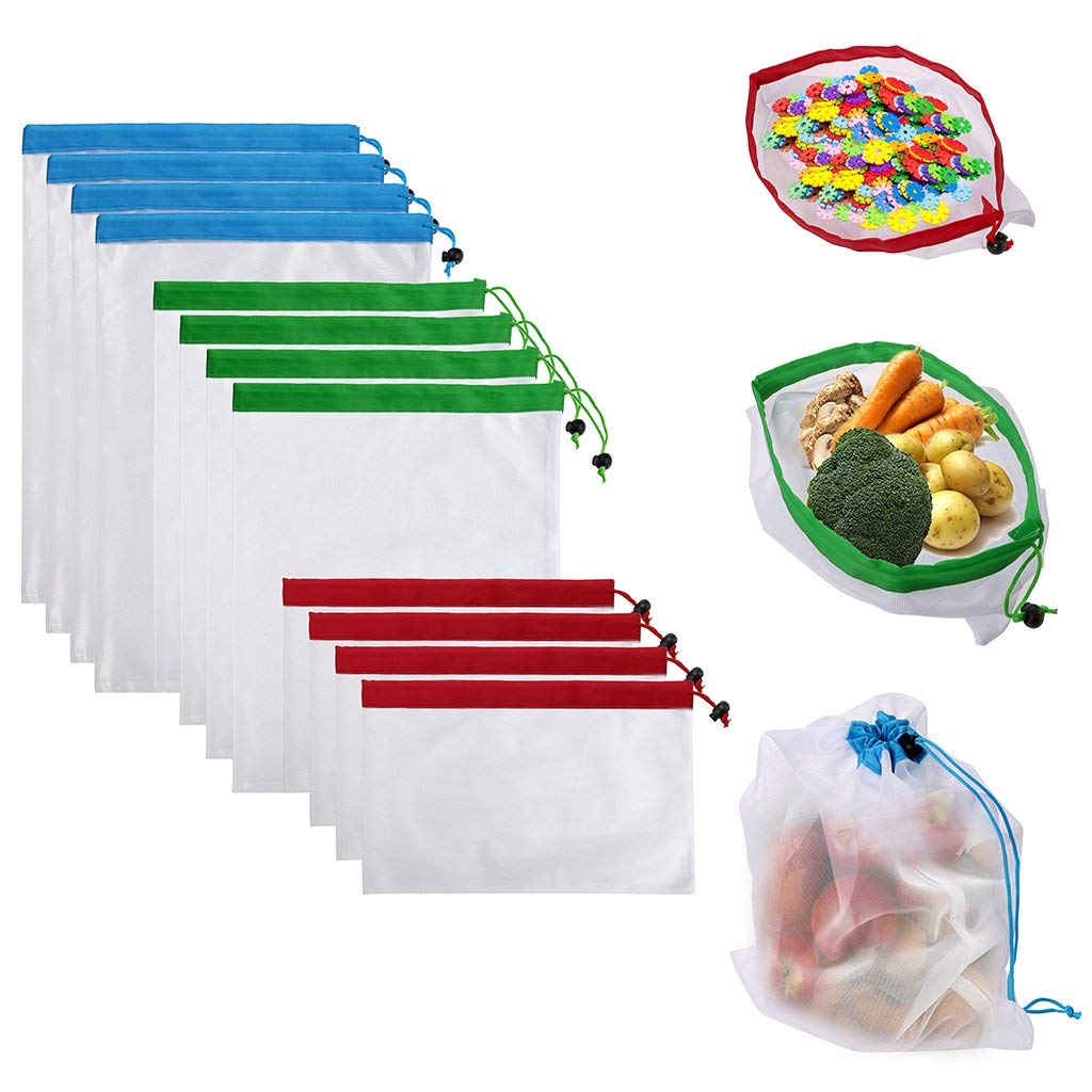12Pcs Reusable Produce Storage Bags Washable Mesh Bag Grocery Shopping Bag for Fruit/Vegetable - 3 Various Sizes - ebowsos