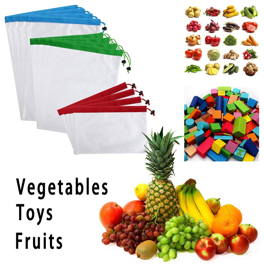 12Pcs Reusable Produce Storage Bags Washable Mesh Bag Grocery Shopping Bag for Fruit/Vegetable - 3 Various Sizes - ebowsos