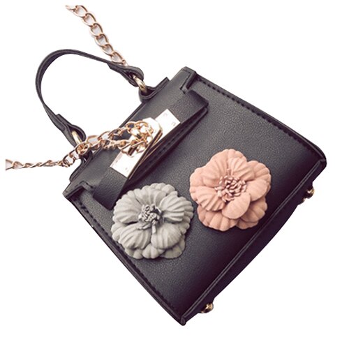 1x Black PU leather female mini flower chain bag / shoulder diagonal bag / handbag - ebowsos