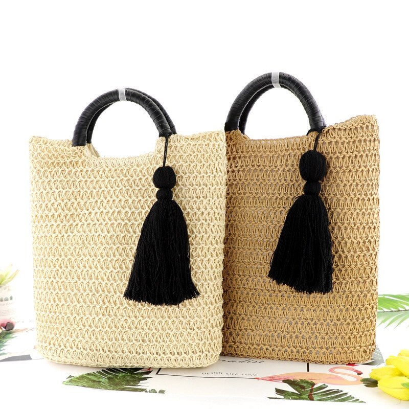 2 Color Hollow Fringed Woven Straw Bag Wooden Handle Natural Color Shopping Bag Woman Fashion Tassel Messenger Bag Handba - ebowsos
