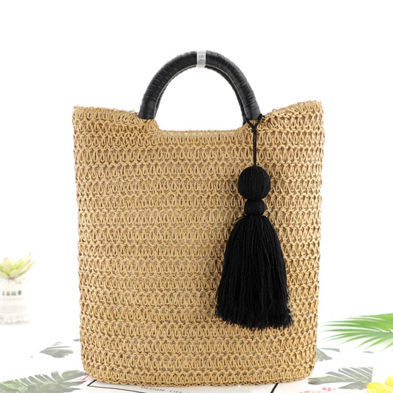 2 Color Hollow Fringed Woven Straw Bag Wooden Handle Natural Color Shopping Bag Woman Fashion Tassel Messenger Bag Handba - ebowsos