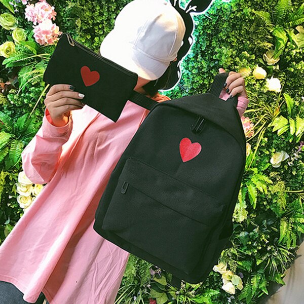 2 Pcs/Set Hot Sale Women Love Heart Printed Canvas Backpack Lady Travel Bag Girls Students Pencil Case School Shoulder Ba - ebowsos