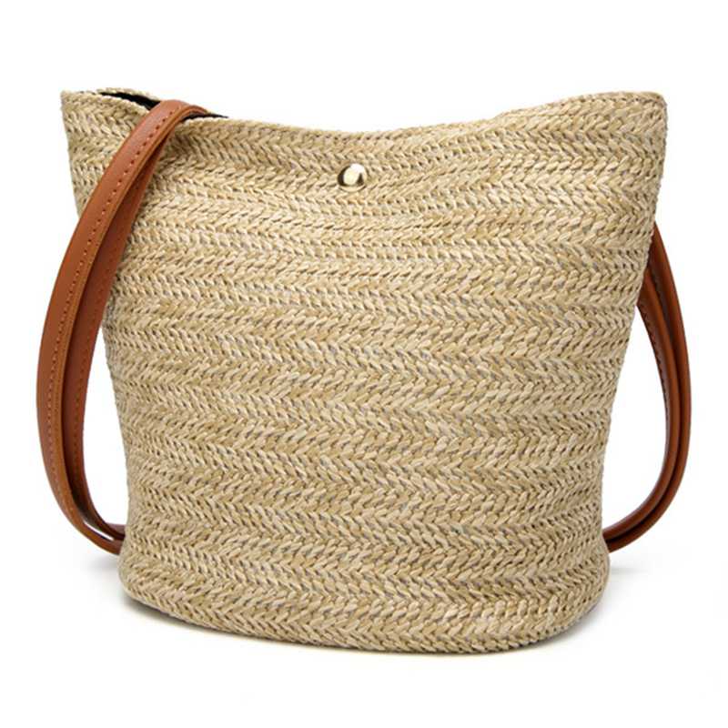 2019 South Korea's New Straw bag Casual Handbag Summer Holiday Shoulder Bag Ladies Weaving Bucket Beach Shoulder Bags - ebowsos