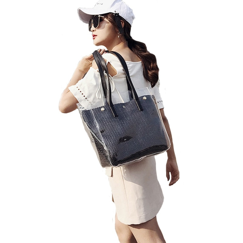 2Pcs Composite Bags Summer Beach Bags Weave Tote Women Straw Bags Ladies Pvc Shoulder Bags Handbags Purses Female - ebowsos