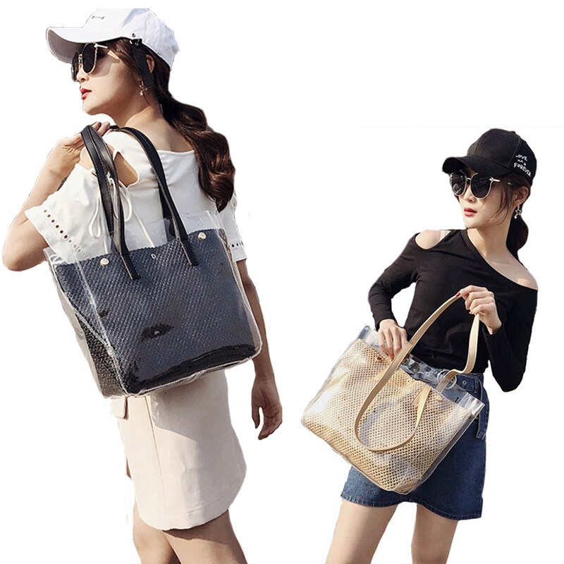 2Pcs Composite Bags Summer Beach Bags Weave Tote Women Straw Bags Ladies Pvc Shoulder Bags Handbags Purses Female - ebowsos