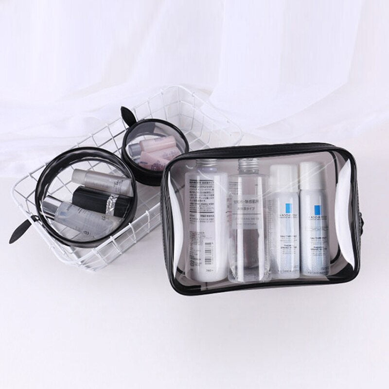 3 Pieces Portable Black + transparent Waterproof PVC Travel Cosmetic Bag Travel Toiletries Bag Makeup Bag with Zipper (Sm - ebowsos