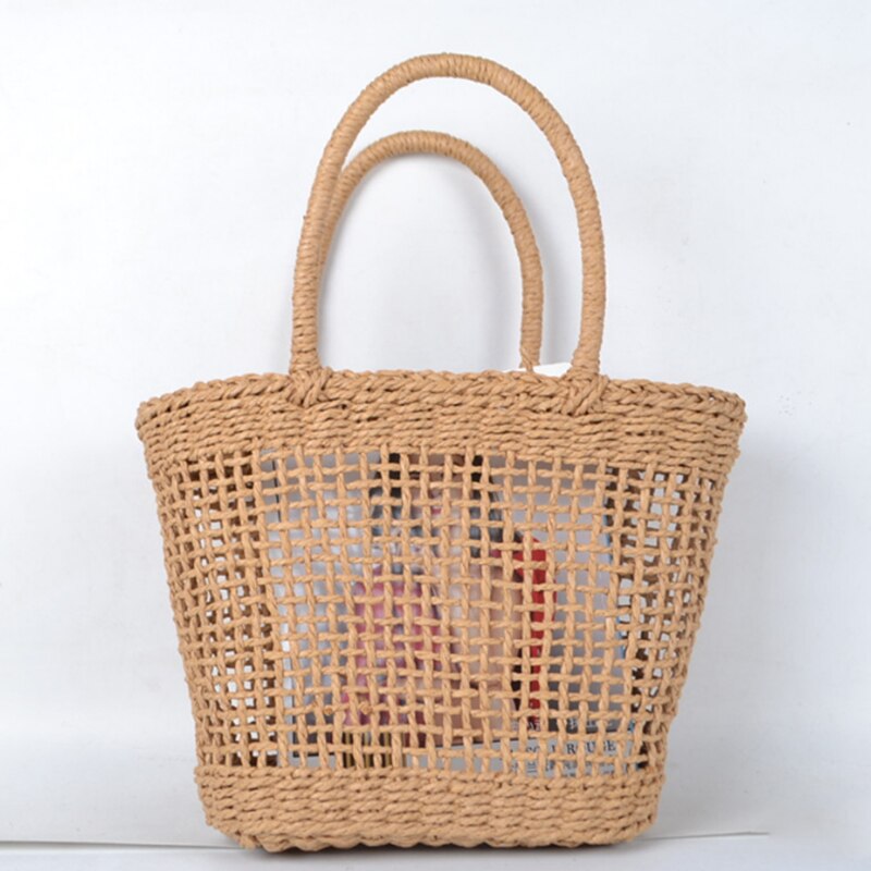37x25CM Simple And Generous No Decorative Plain Color Net Hollow Textured Woven Bag Popular Straw Bag Handbags(brown) - ebowsos