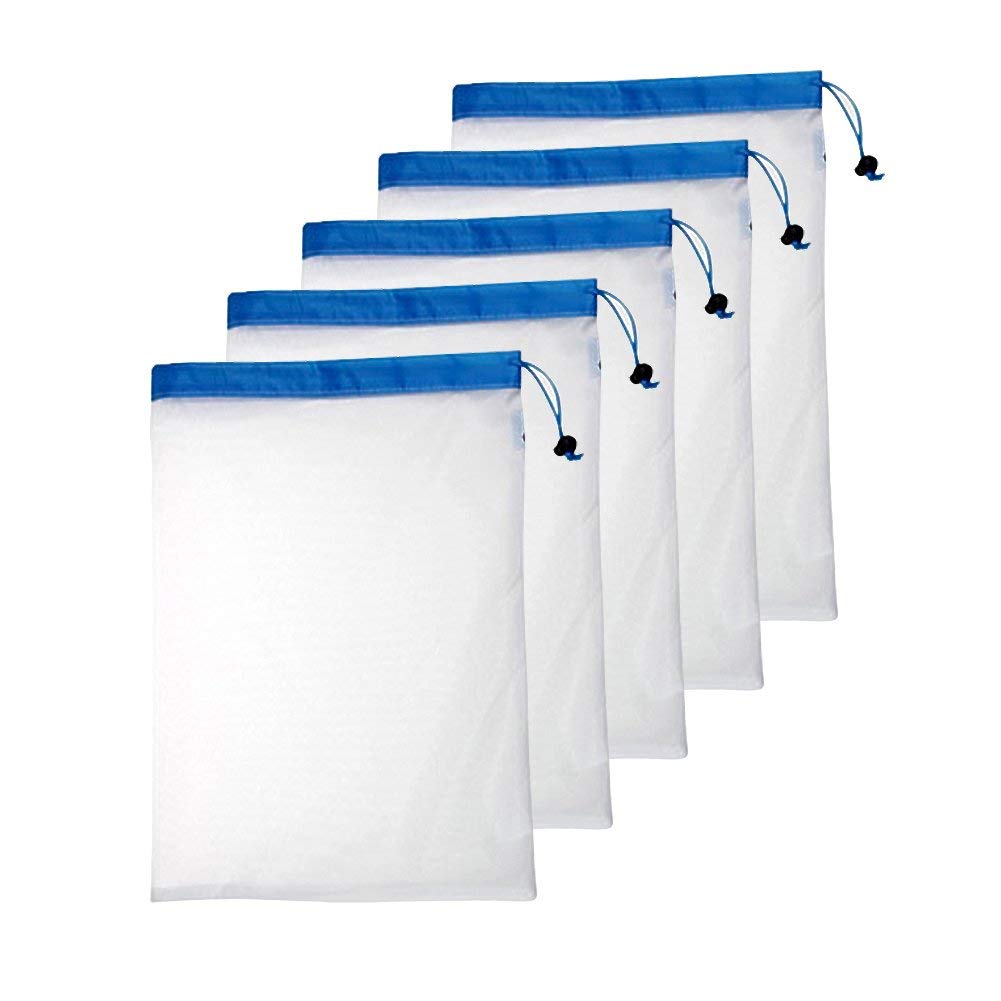 5PCS/Set Polyester Washable Reusable Produce Bags, Eco-friendly Soft Premium Lightweight Vegetable Drawstring Storage Net - ebowsos