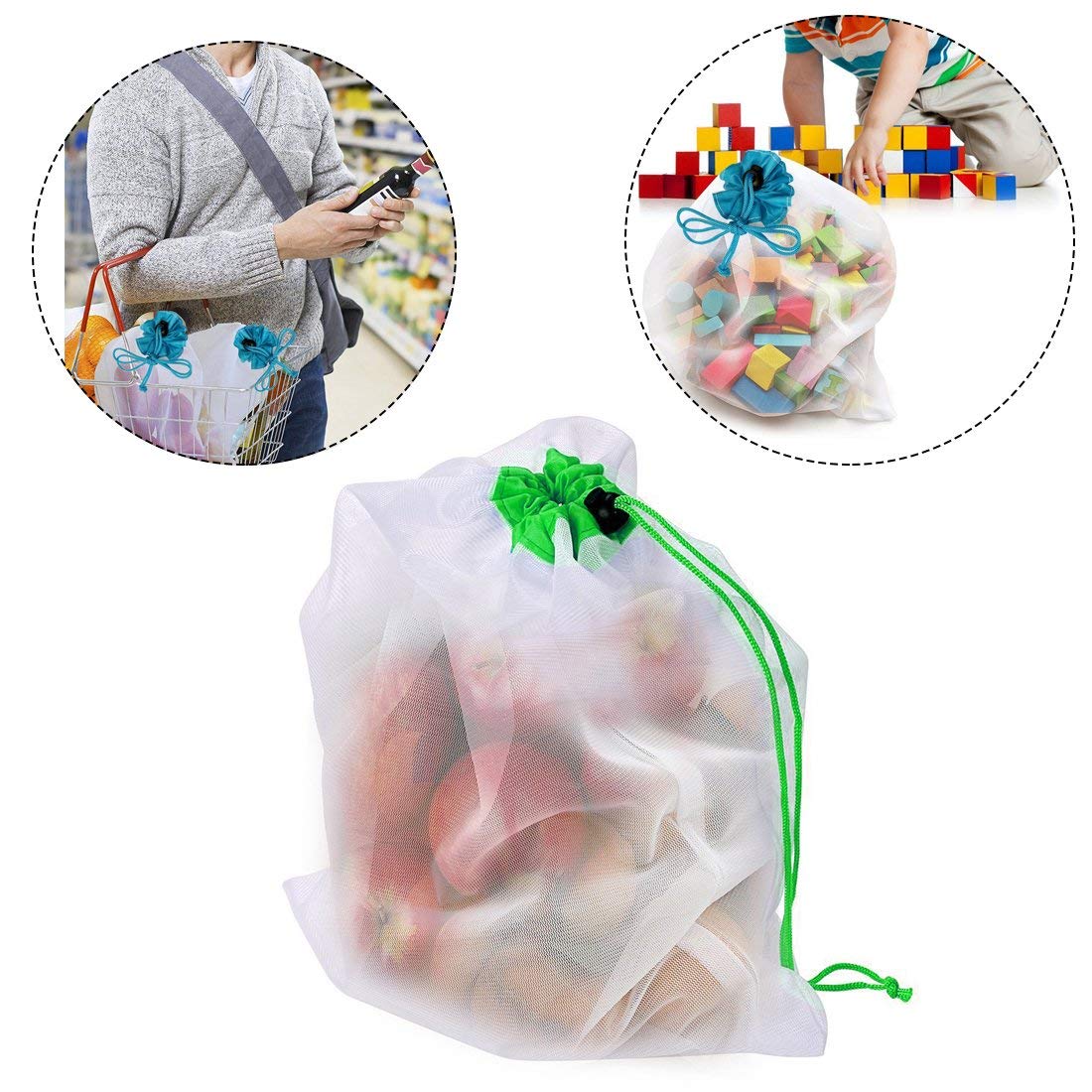 5PCS/Set Polyester Washable Reusable Produce Bags, Eco-friendly Soft Premium Lightweight Vegetable Drawstring Storage Net - ebowsos