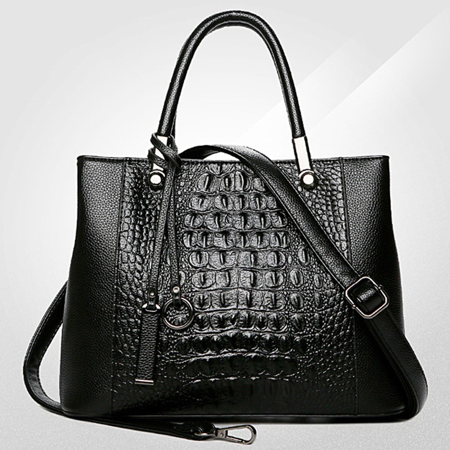 Aibkhk Leather Handbags Alligator Shoulder Crossbody Bags For Women Black Large Totes Ladies Messenger Bag - ebowsos