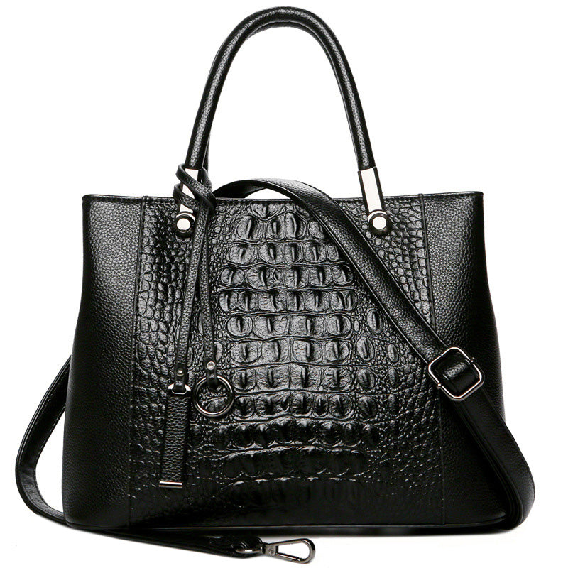 Aibkhk Leather Handbags Alligator Shoulder Crossbody Bags For Women Black Large Totes Ladies Messenger Bag - ebowsos
