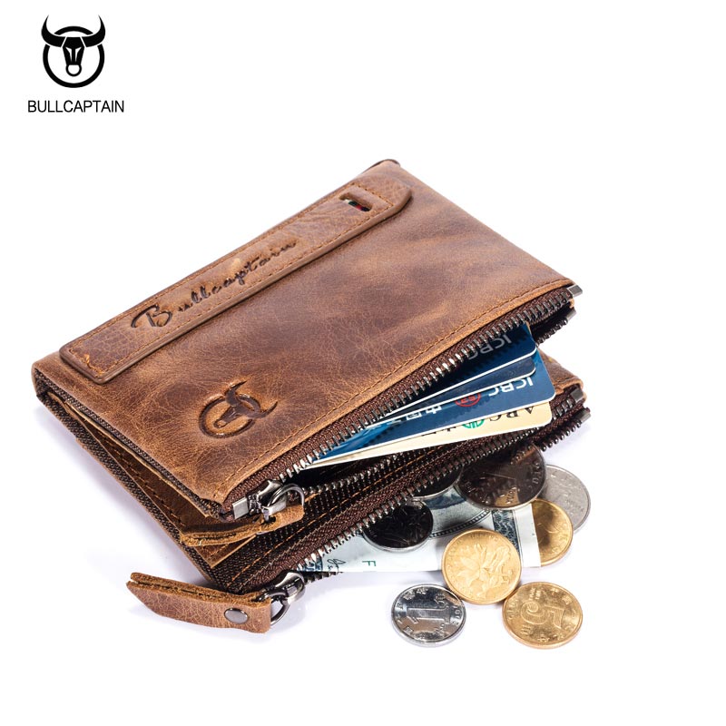 BULLCAPTAIN BIFOLD Vintage brand leather MEN wallets leather money zipper SHORT wallet card holder small coin purse - ebowsos