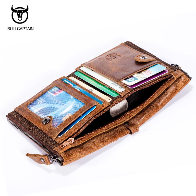 BULLCAPTAIN BIFOLD Vintage brand leather MEN wallets leather money zipper SHORT wallet card holder small coin purse - ebowsos