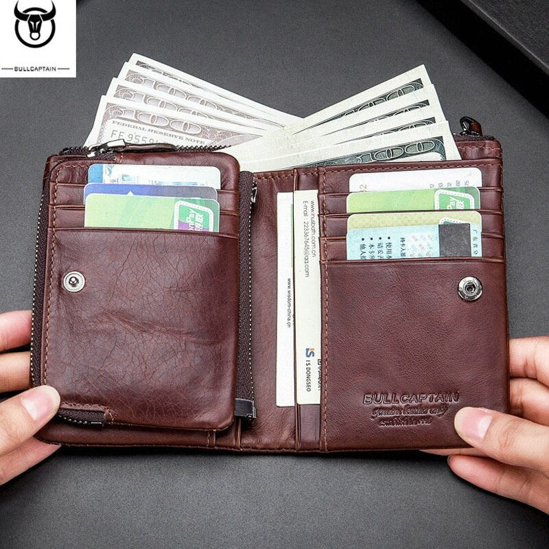 BULLCAPTAIN Genuine Leather Wallet Men Coin Purse Card Holder Men Wallet Zipper Design Male Ballet Clamp For Money Bag - ebowsos