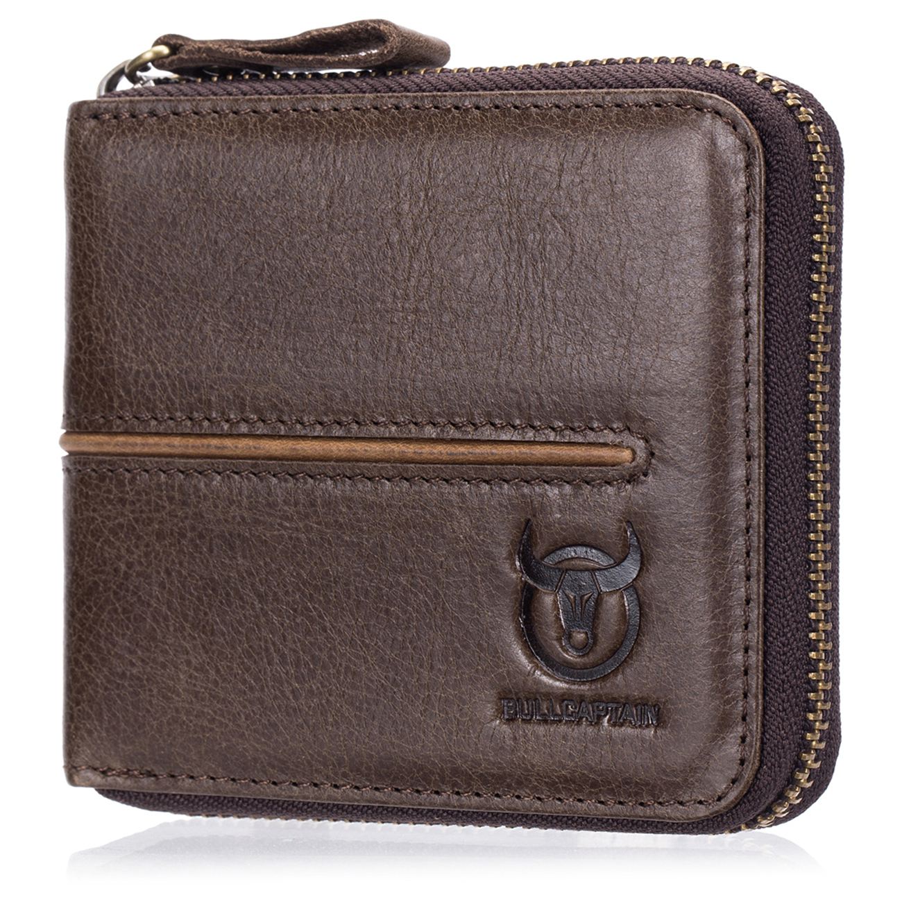 BULLCAPTAIN Leisure Genuine Leather Men Wallets Credit Business Card Holders Zipper Cowhide Leather Wallet Purse - ebowsos