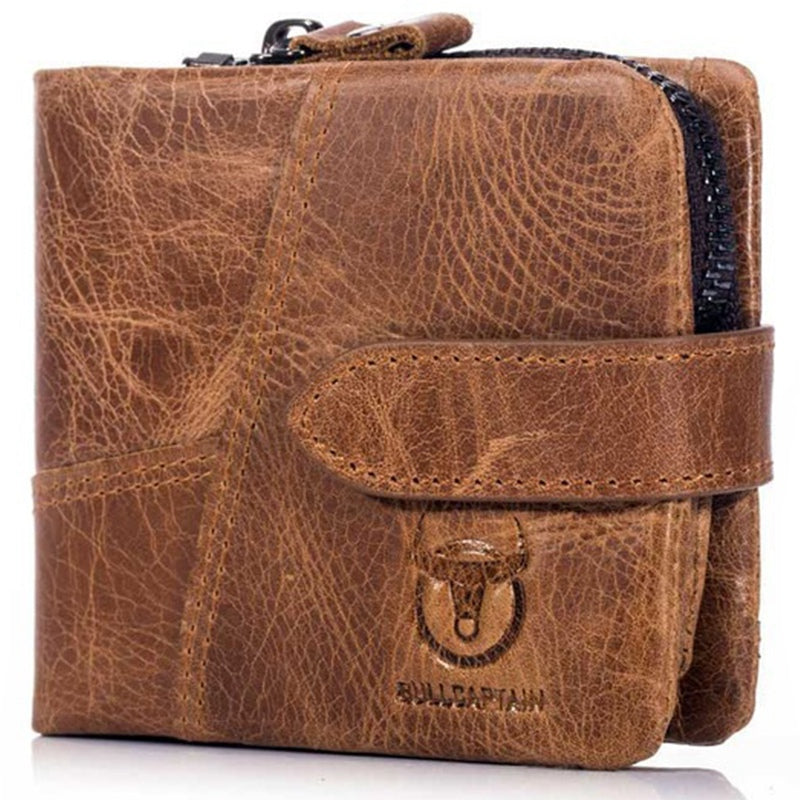 BULLCAPTAIN Vintage Leather Trifold Wallet Men Short Hasp Wallet Casual Male Zipper Wallets Card Holder Money Bag Coin Pu - ebowsos
