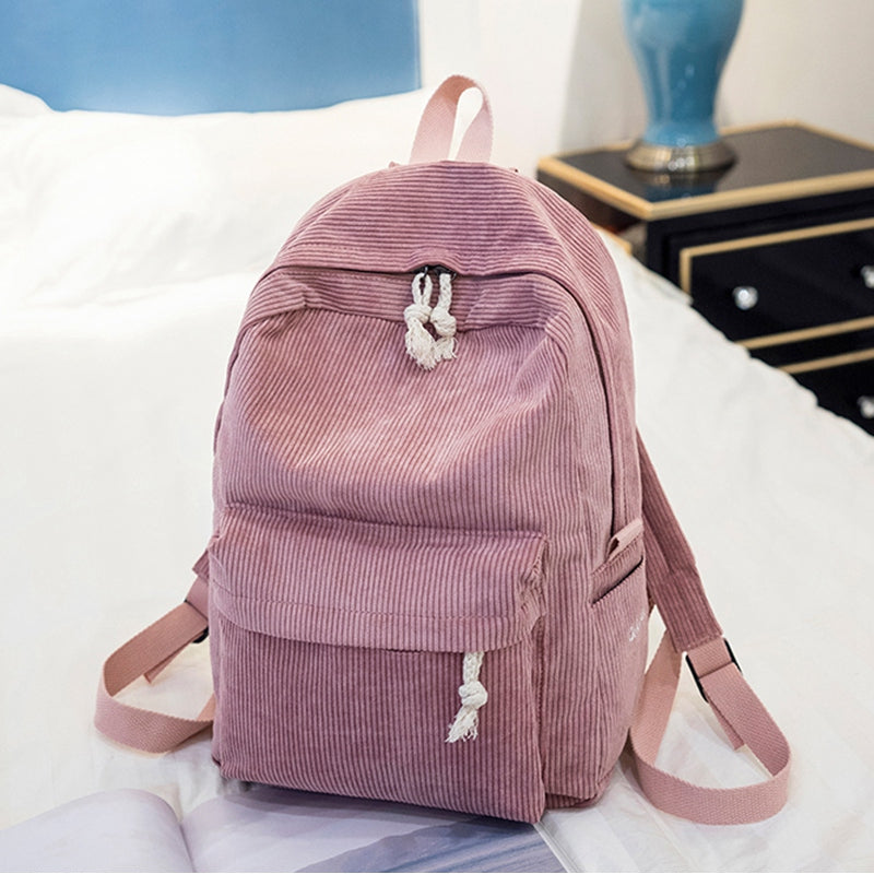 Backpacks Women Corduroy backpack Softback Solid Bag Fashion Soft Handle rucksack School Bag for girls - ebowsos
