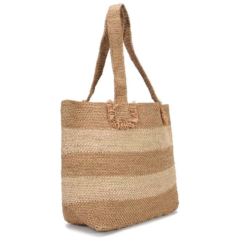 Beach Bag Vintage Handmade Woven Shoulder Bag Raffia Rattan Bags Bohemian Summer Vacation Casual Bags - ebowsos
