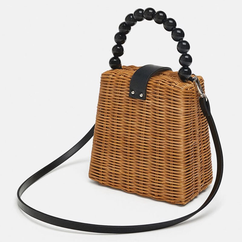 Bead Hand-Woven Straw Bag Women Small Tote Bags For Summer Travel Handle Bag Ladies Shoulder For Girl - ebowsos