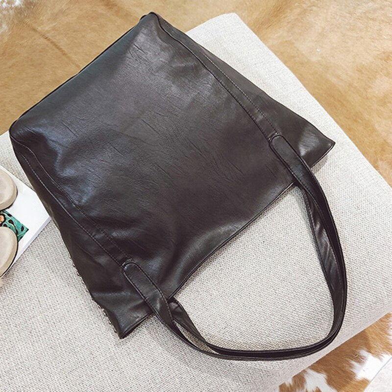 Big Bag For Women Summer Shopper Bag Tote Rivet Large Capacity Soft Leather Casual Black Handbag Ladies Sling Bag - ebowsos