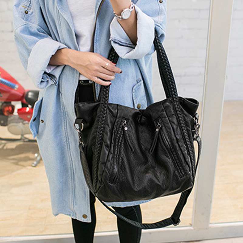 Big Capacity Fashion Women Handbags Soft Leather Lady Tote Bag Woven Pattern Shoulder Bag, Black Small - ebowsos