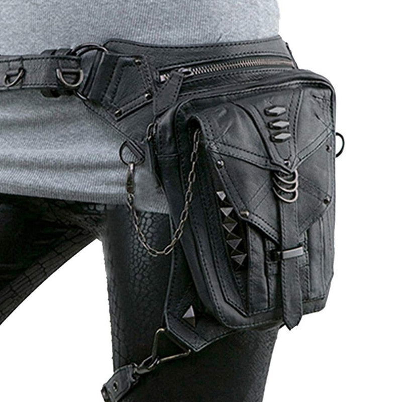Black Gothic Rock Pu Leather Steampunk Handbag Waist Pack Vintage Punk Shoulder Messenger Bag - ebowsos