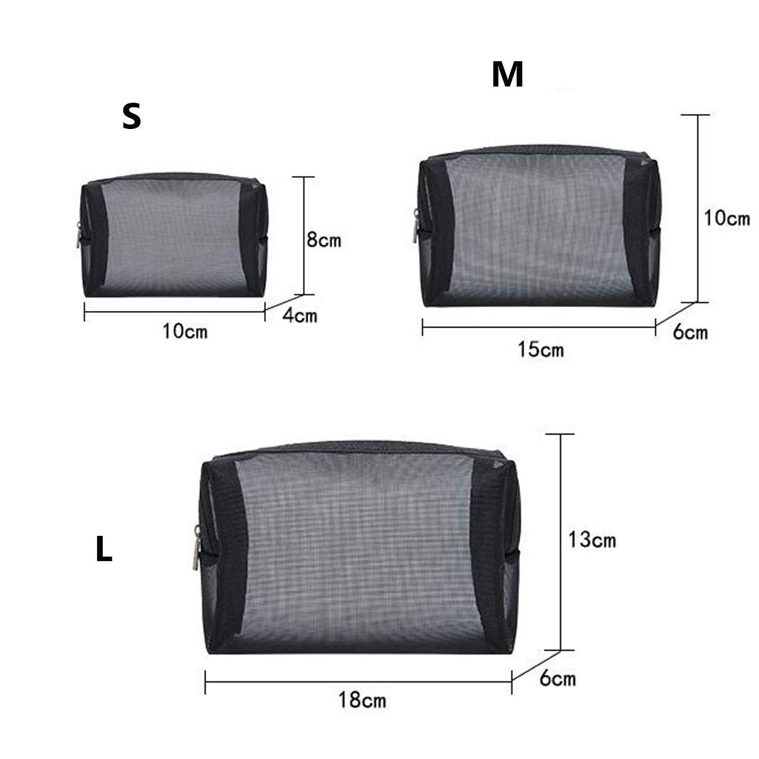 Black Mesh Makeup Bag See Through Zipper Pouch Travel Cosmetic and Toiletries Organizer Bags Pack of 3(S,M,L) - ebowsos